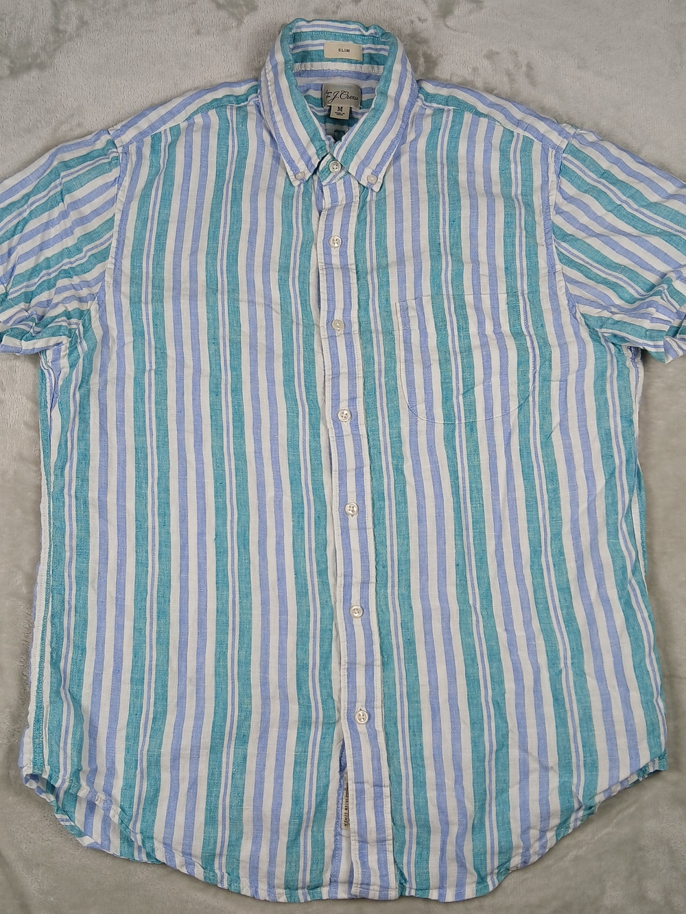 J. Crew Irish Linen Button Up Shirt M Men's Short Sleeve Slim Striped